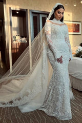 Vintage White Mermaid High-Neck Sequined Long Sleeve Panel Train Lace Wedding Dresses With Appliques