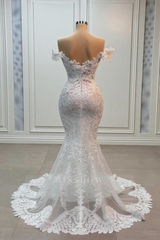 Vintage White Mermaid Sweetheart Off-The-Shoulder Chapel Train Lace Tulle Wedding Dresses With Appliques