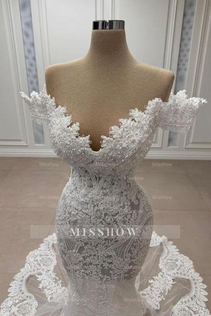 Vintage White Mermaid Sweetheart Off-The-Shoulder Chapel Train Lace Tulle Wedding Dresses With Appliques