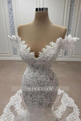Vintage White Mermaid Sweetheart Off-The-Shoulder Chapel Train Lace Tulle Wedding Dresses With Appliques