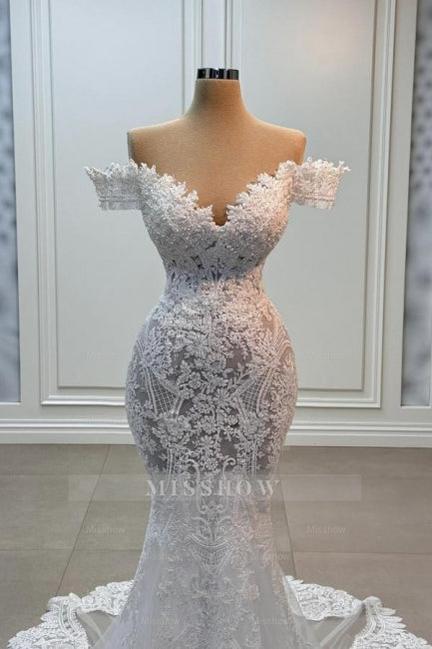 Vintage White Mermaid Sweetheart Off-The-Shoulder Chapel Train Lace Tulle Wedding Dresses With Appliques