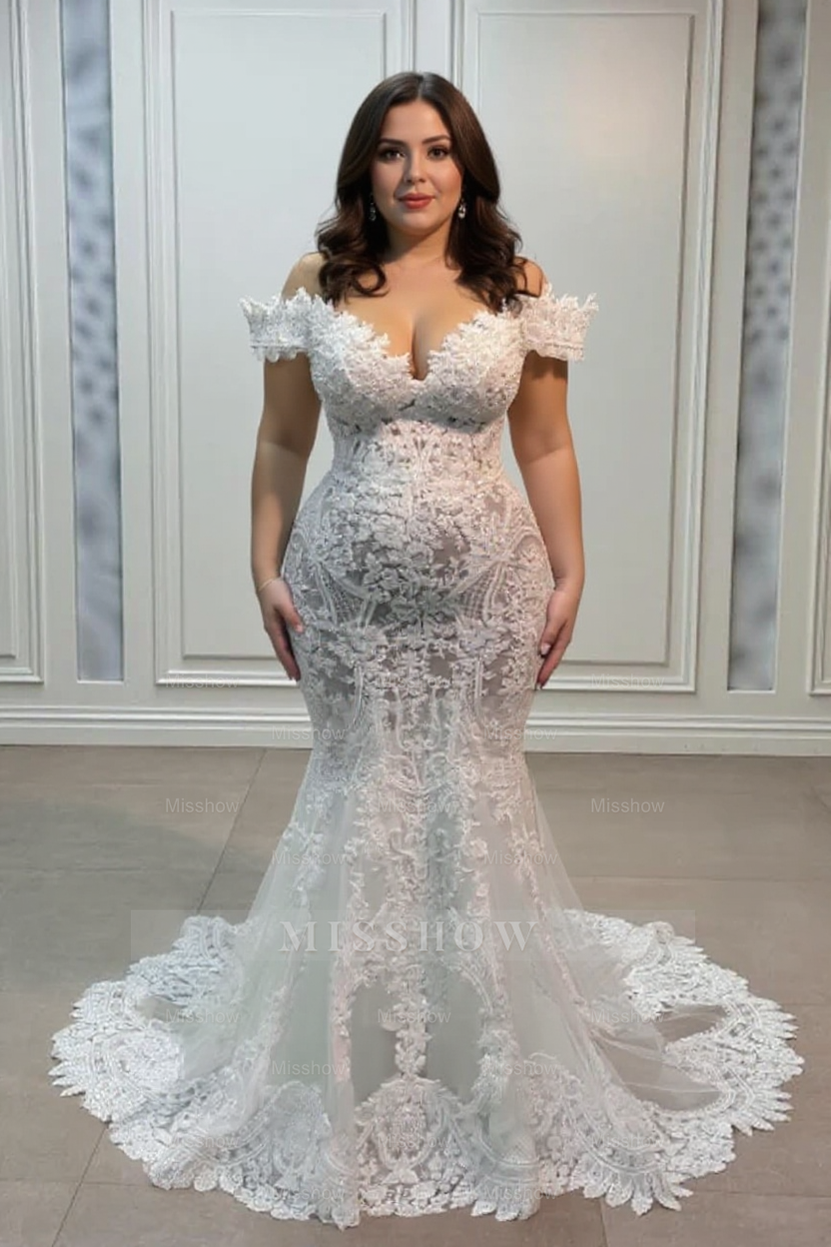Vintage White Mermaid Sweetheart Off-The-Shoulder Chapel Train Lace Tulle Wedding Dresses With Appliques