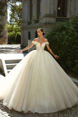 Vintage White Off-The-Shoulder Sleeveless Sequined Ball Gown Tulle Wedding Dresses With Appliques