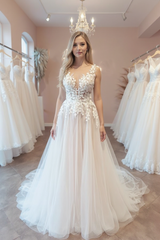 Vintage v-neck sleeveless a-line backless lace Wedding dresses