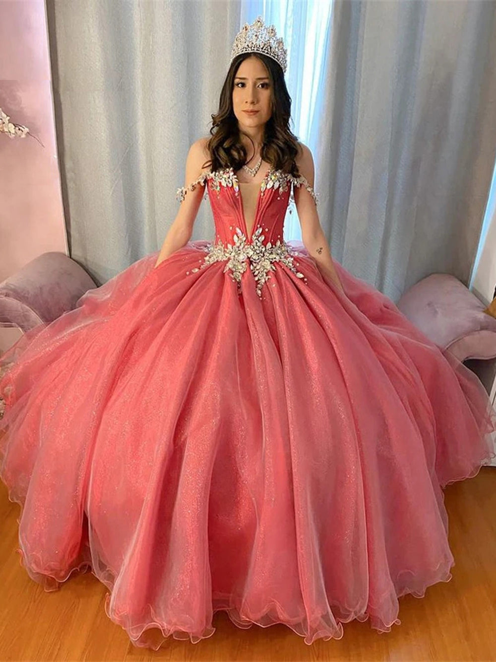 Watermelon Pink V-Neck Sleeveless Beaded Floral Applique Ball Gown Quinceanera Dress