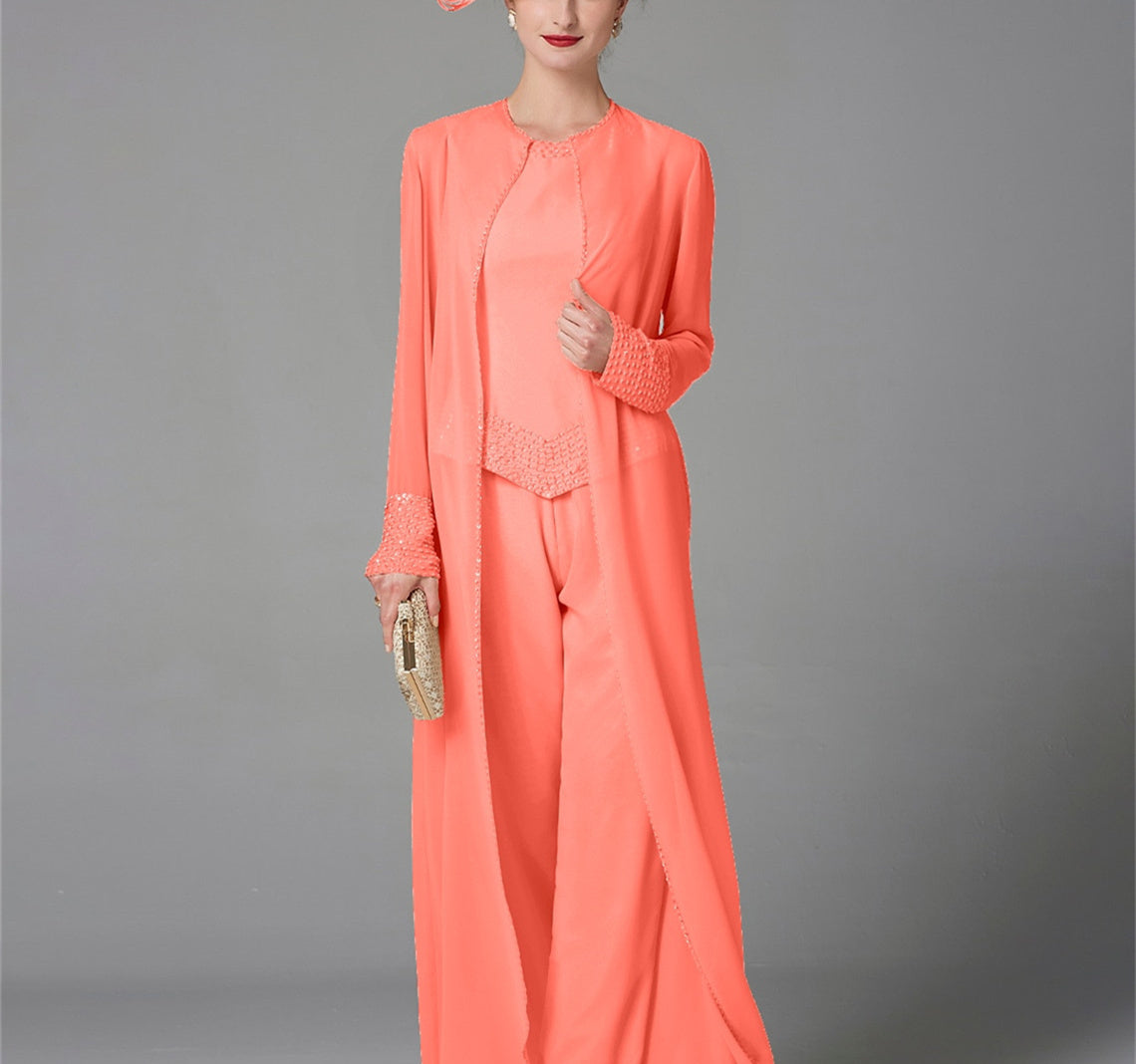 Chiffon Long Sleeves Mother Of The Bride Pantsuits With Jacket Sequins