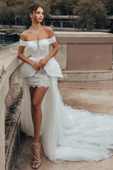 White 2-in-1 Wedding Dress Off Shoulder Sweetheart Illusion Boned Corset Lace Peplum Crystal Sequin Mini Skirt Detachable Tulle Cathedral Train Bridal Gown