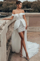 White 2-in-1 Wedding Dress Off Shoulder Sweetheart Illusion Boned Corset Lace Peplum Crystal Sequin Mini Skirt Detachable Tulle Cathedral Train Bridal Gown