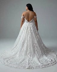 White 3D Floral Applique Beaded Ball Gown Wedding Dress Off-the-Shoulder Sleeveless Sparkle Tulle Open Back Cathedral Train Bridal Gown