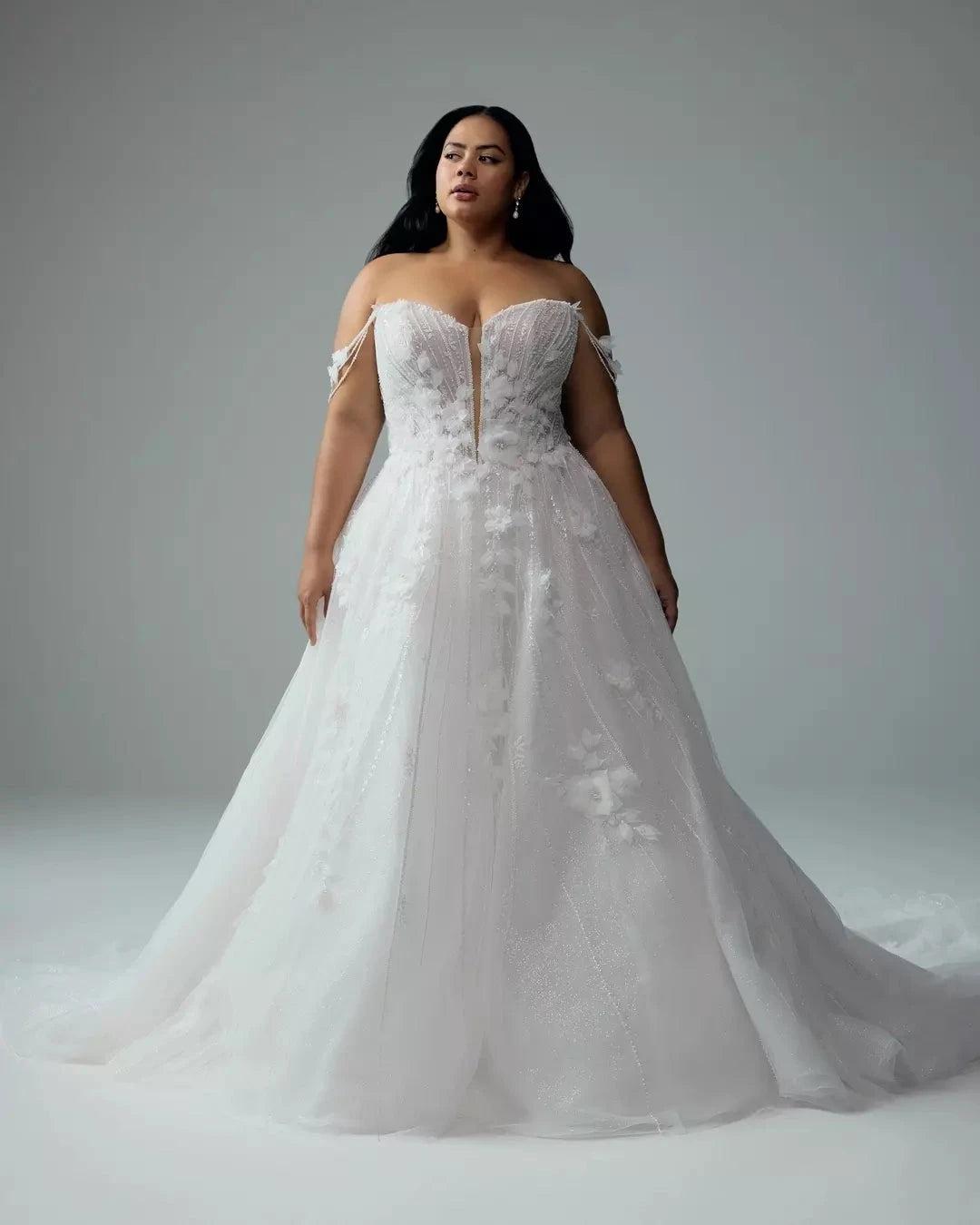 White 3D Floral Applique Beaded Ball Gown Wedding Dress Off-the-Shoulder Sleeveless Sparkle Tulle Open Back Cathedral Train Bridal Gown