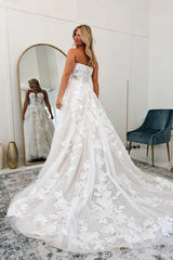 White 3D Floral Lace A-Line Wedding Dress Strapless Sweetheart Deep V Plunge Sheer Illusion Bodice Allover 3D Flower Applique Detachable Off-the-Shoulder Bishop Sleeves Cathedral Train Bridal Gown