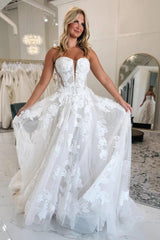 White 3D Floral Lace A-Line Wedding Dress Strapless Sweetheart Deep V Plunge Sheer Illusion Bodice Allover 3D Flower Applique Detachable Off-the-Shoulder Bishop Sleeves Cathedral Train Bridal Gown