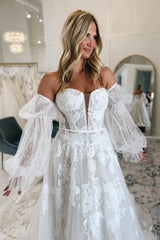 White 3D Floral Lace A-Line Wedding Dress Strapless Sweetheart Deep V Plunge Sheer Illusion Bodice Allover 3D Flower Applique Detachable Off-the-Shoulder Bishop Sleeves Cathedral Train Bridal Gown