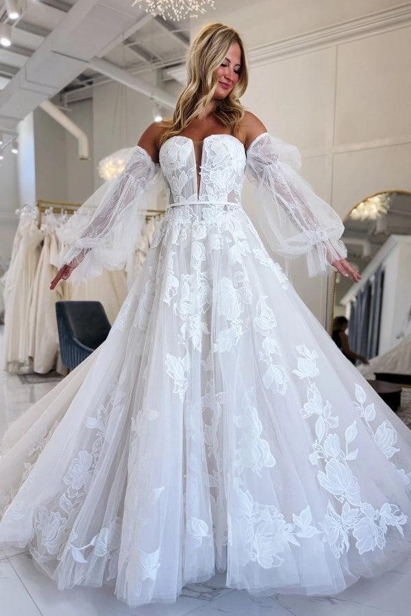 White 3D Floral Lace A-Line Wedding Dress Strapless Sweetheart Deep V Plunge Sheer Illusion Bodice Allover 3D Flower Applique Detachable Off-the-Shoulder Bishop Sleeves Cathedral Train Bridal Gown