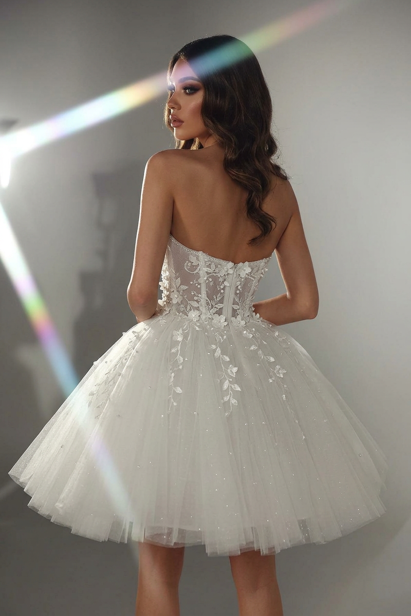 White 3D Floral Lace Corset Short Wedding Dress Strapless Sweetheart Glitter Tulle Ball Gown