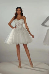 White 3D Floral Lace Corset Short Wedding Dress Strapless Sweetheart Glitter Tulle Ball Gown