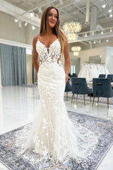 White 3D Floral Lace Mermaid Wedding Dress Deep V-Neck Spaghetti Straps Sheer Illusion Bodice Allover 3D Flower Leaf Applique Illusion Open Back Sweep Train Bridal Gown