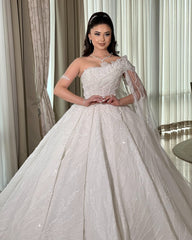 White 3D Lace Applique Beaded Ball Gown Wedding Dress One Shoulder Sleeveless Sparkle Tulle Cathedral Train Bridal Gown
