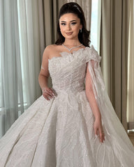 White 3D Lace Applique Beaded Ball Gown Wedding Dress One Shoulder Sleeveless Sparkle Tulle Cathedral Train Bridal Gown