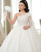 White 3D Lace Applique Beaded Ball Gown Wedding Dress One Shoulder Sleeveless Sparkle Tulle Cathedral Train Bridal Gown