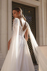 White A-Line Wedding Dress Deep V Plunge Sheer Illusion Boned Corset White Floral Lace Embroidery 3D White Floral Applique Wide Illusion Shoulder Strap Deep V Open Back All-Over Floral Lace Tulle Detachable Cathedral Tulle Cape Cathedral Train Bridal Gown