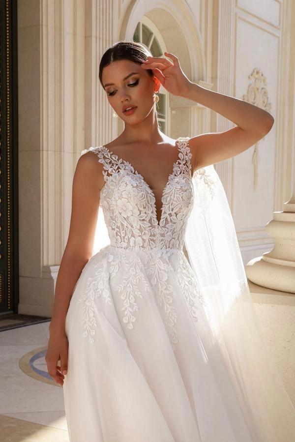 White A-Line Wedding Dress Deep V Plunge Sheer Illusion Boned Corset White Floral Lace Embroidery 3D White Floral Applique Wide Illusion Shoulder