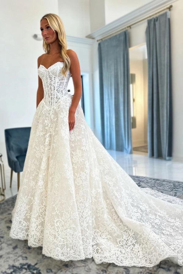 White A-Line Wedding Dress Strapless Sweetheart Illusion Boned Corset Bodice Allover Chantilly Floral Lace Cathedral Train Bridal Gown