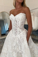 White A-Line Wedding Dress Strapless Sweetheart Illusion Boned Corset Bodice Allover Chantilly Floral Lace Cathedral Train Bridal Gown