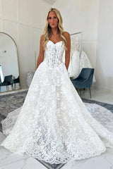 White A-Line Wedding Dress Strapless Sweetheart Illusion Boned Corset Bodice Allover Chantilly Floral Lace Cathedral Train Bridal Gown