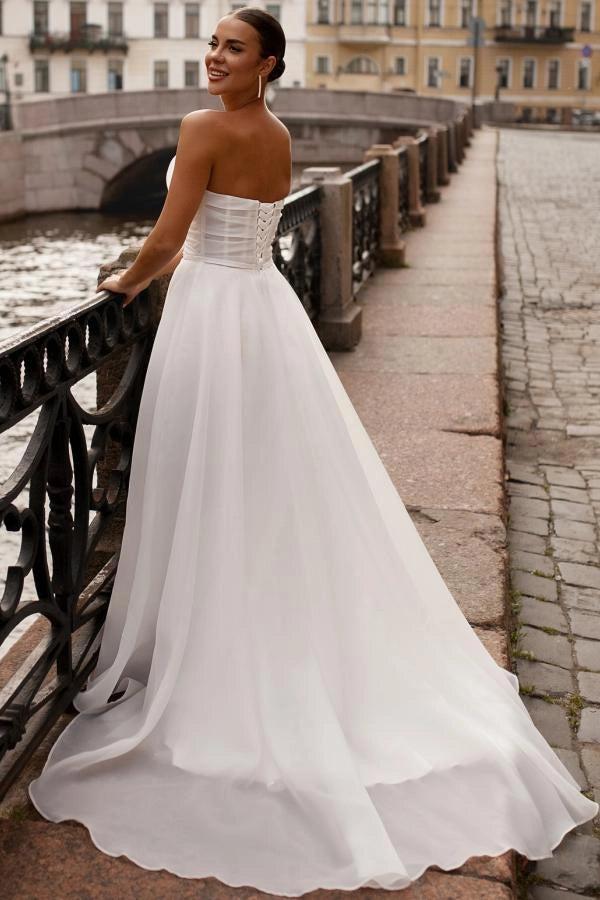 White A-Line Wedding Dress Strapless Sweetheart Ruched Corset Bodice High Slit Sequin Lace Underskirt Lace-Up Back Organza Bridal Gown