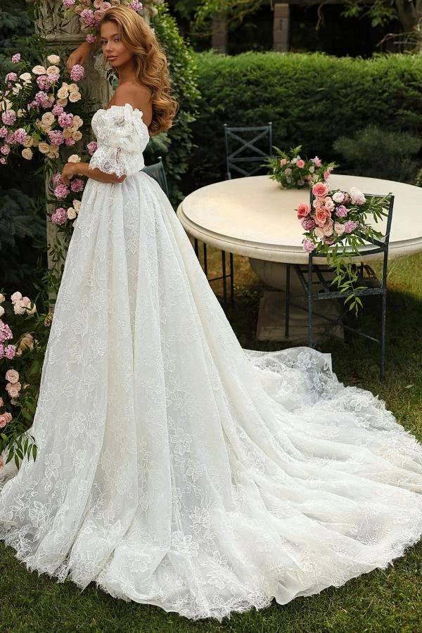 White Allover Vine Lace A-Line Wedding Dress Off-the-Shoulder Plunge Sweetheart Sheer Illusion Bodice Detachable Ruffle Puff Sleeves 3D Floral Cuff 3D Flower Waist Brooch Cathedral Train Bridal Gown