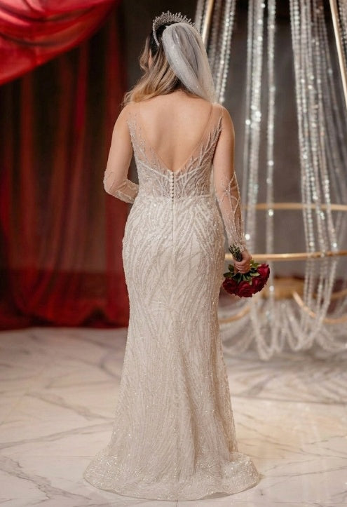 White Beaded Sequin Mermaid Wedding Dress Illusion High Neck Long Sleeve Sparkle Tulle Sweep Train Bridal Gown