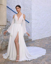 White Chiffon A-line Wedding Dress V-neck Wide Straps Open Back Split Front Detachable Cape Sleeves Chapel Train Bridal Gown