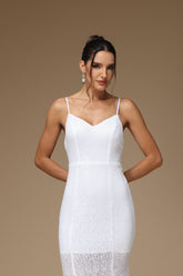 White Formal Dress Spaghetti Strap V Neck Long Sleeveless Mermaid