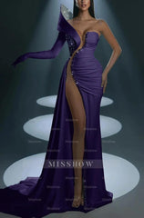 White Formal Dress With Gloves Long Mermaid One Shoulder With High Slit