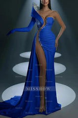 White Formal Dress With Gloves Long Mermaid One Shoulder With High Slit