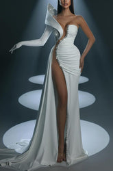White Formal Dress With Gloves Long Mermaid One Shoulder With High Slit