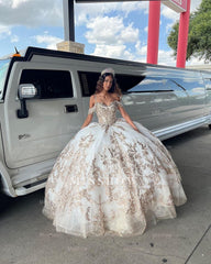 White Gold Sweetheart Sleeveless Lace Applique Beaded Tulle Ball Gown Quinceanera Dress