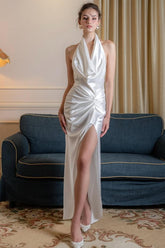 White Halter Sleeveless Backless Bodycon Satin Front Slit Floor Formal Evening Dress