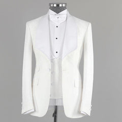 White Jacquard Bespoke Three-Piece Wedding Suit with Shawl Lapel
