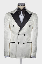 White Jacquard Double-Breasted Wedding Suit with Black Peaked Lapel