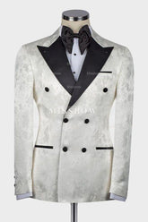 White Jacquard Double-Breasted Wedding Suit with Black Peaked Lapel