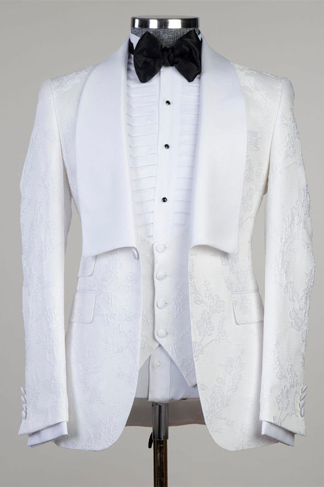White Jacquard Shawl Lapel Three-Piece Men’s Wedding Suit