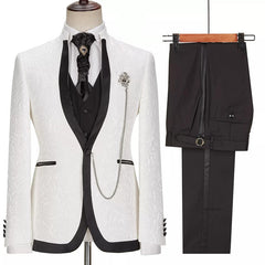 White Jacquard Slim Fit One Button Three-Piece Wedding Suit