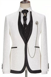 White Jacquard Slim Fit One Button Three-Piece Wedding Suit