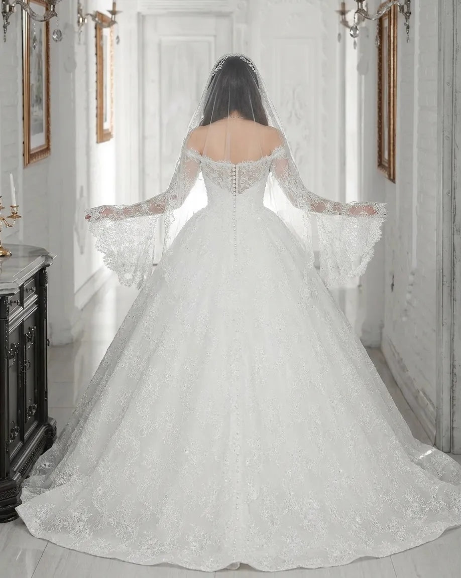 White Lace Ball Gown Wedding Dress Off Shoulder Long Sleeves Pearl Crystal Beading Cathedral Train Bridal Gown