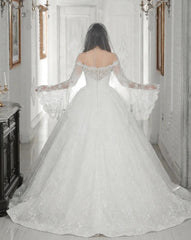 White Lace Ball Gown Wedding Dress Off Shoulder Long Sleeves Pearl Crystal Beading Cathedral Train Bridal Gown