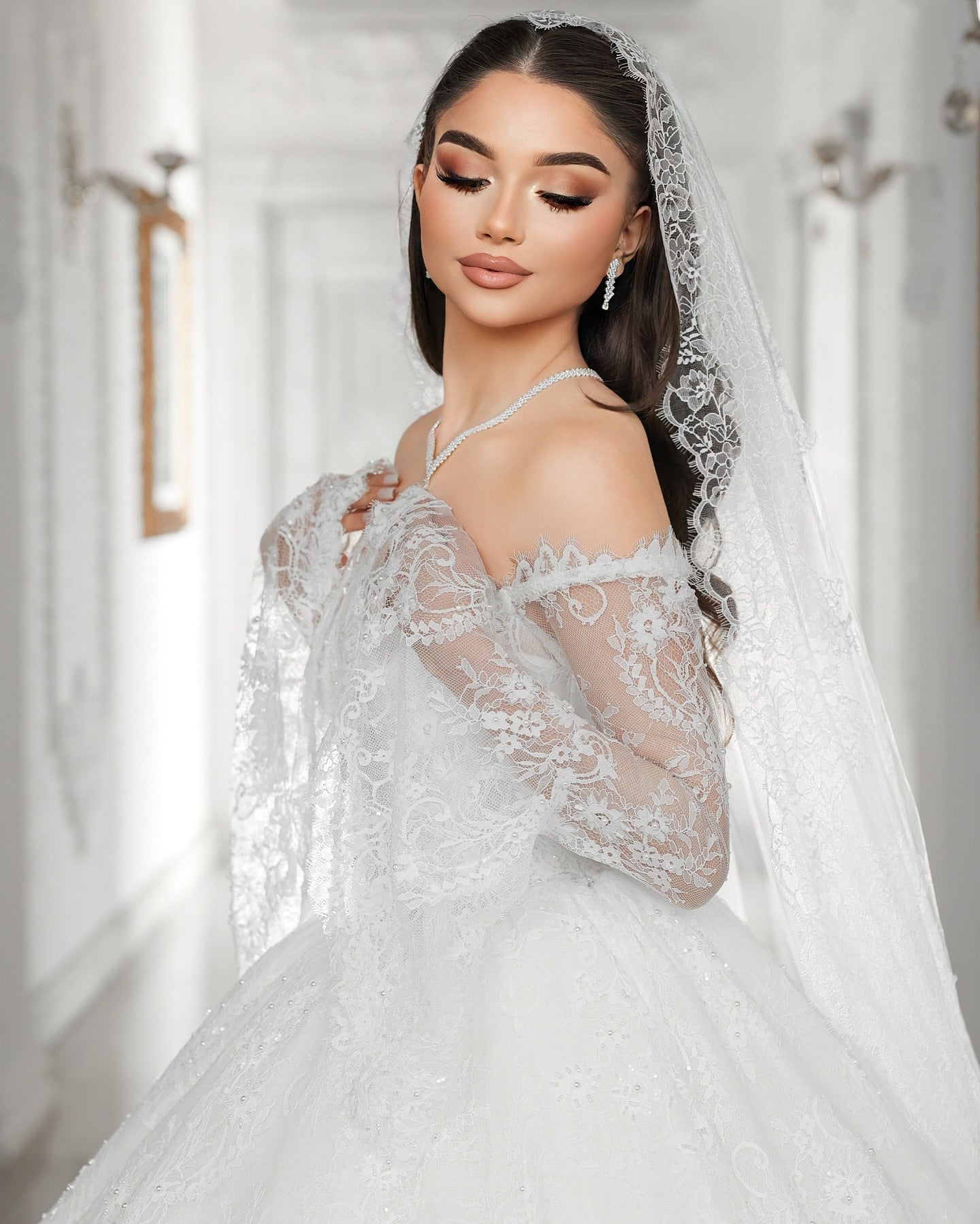 White Lace Ball Gown Wedding Dress Off Shoulder Long Sleeves Pearl Crystal Beading Cathedral Train Bridal Gown