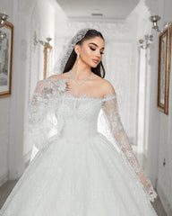 White Lace Ball Gown Wedding Dress Off Shoulder Long Sleeves Pearl Crystal Beading Cathedral Train Bridal Gown