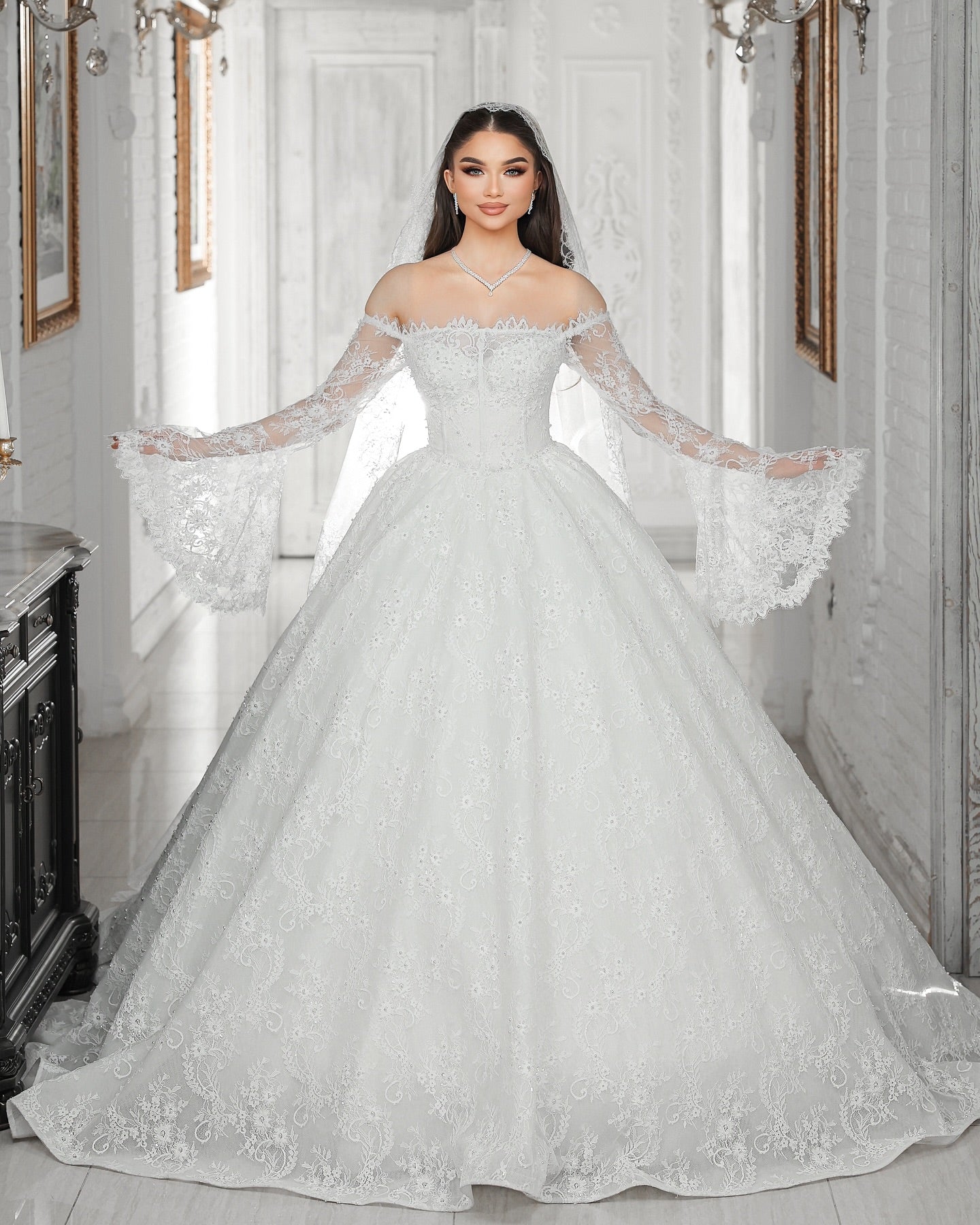 White Lace Ball Gown Wedding Dress Off Shoulder Long Sleeves Pearl Crystal Beading Cathedral Train Bridal Gown